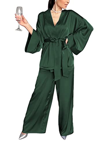 Minetom Damen Pyjama Set Langarm Nachtwäsche Satin Zweiteiliger Nachthemd Kimono Schlafanzug mit Gürtel Oberteile und Hose A Grün M von Minetom