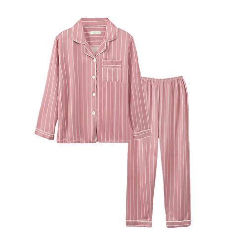 Minetom Damen Pyjama Set Schlafanzug Gestreift mit Knopfleiste und Hemdkragen Zweiteiliges Nachtwäsche Leicht Langarm Shirt und Hosen Stil L 34 von Minetom