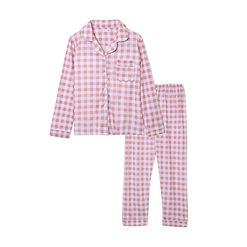 Minetom Damen Pyjama Set Schlafanzug Kariert mit Knopfleiste und Hemdkragen Zweiteiliges Nachtwäsche Leicht Langarm Shirt und Hosen Stil A 34 von Minetom