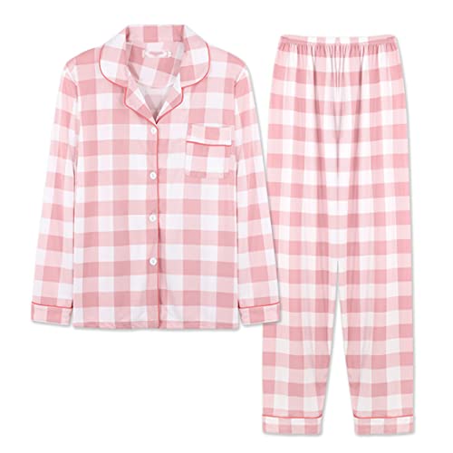 Minetom Damen Pyjama Set Schlafanzug Kariert mit Knopfleiste und Hemdkragen Zweiteiliges Nachtwäsche Leicht Langarm Shirt und Hosen Stil Y01 38 von Minetom