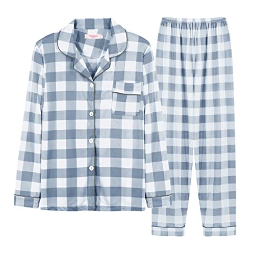 Minetom Damen Pyjama Set Schlafanzug Kariert mit Knopfleiste und Hemdkragen Zweiteiliges Nachtwäsche Leicht Langarm Shirt und Hosen Stil Y02 34 von Minetom