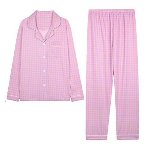 Minetom Damen Pyjama Set Schlafanzug Kariert mit Knopfleiste und Hemdkragen Zweiteiliges Nachtwäsche Leicht Langarm Shirt und Hosen Stil Y18 40 von Minetom