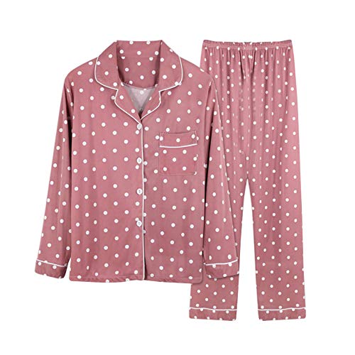 Minetom Damen Pyjama Set Schlafanzug Polka Dots mit Knopfleiste und Hemdkragen Zweiteiliges Nachtwäsche Leicht Langarm Shirt und Hosen Stil C 40 von Minetom