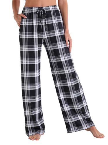 Minetom Damen Pyjamahose Loungehose Karierte Schlafanzughose Freizeithose Yogahose Nachtwäsche Weites Bein Hose mit Kordelzug A1 Dunkelgrau XS von Minetom