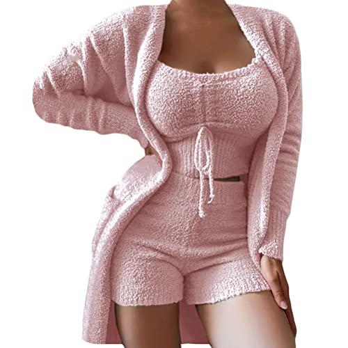 Minetom Damen Pyjamas Mädchen Zweiteiliges Ensembles De Pyjama Warm Coral Fleece Samt Nachtwäsche Kapuzenpullover Strickjacken Crop Tank Top Und Nachthemd B Rosa S von Minetom