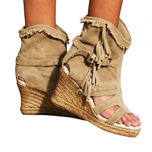 Minetom Damen Quaste Sandalen Keilabsatz Bohemian Gladiator Römersandalen Fransen Sommer Frauen Hausschuhe Stiefeletten Strandschuhe A Khaki 36 EU von Minetom