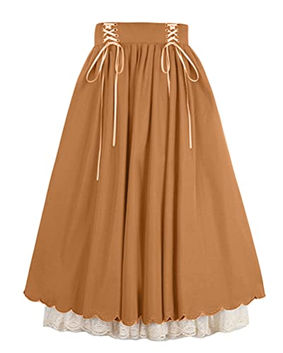 Minetom Damen Renaissance Rock Mit Rüsche Und Spitzensaum Hohe Taille A-Linie Rock Viktorianisch Mittelalter Vintage Langer Rock B Braun L von Minetom
