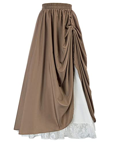 Minetom Damen Renaissance Rock Mit Rüsche Und Spitzensaum Hohe Taille A-Linie Rock Viktorianisch Mittelalter Vintage Langer Rock C Khaki L von Minetom