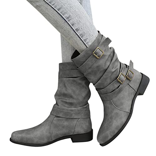 Minetom Damen Retro PU Stiefel Halbhoch Stiefeletten Mit Schnalle Einfarbig Runde Flache Stiefel Kurzstiefel Winterboots Schlupfstiefel Damenschuhe Winterschuhe A Grau 39 EU von Minetom