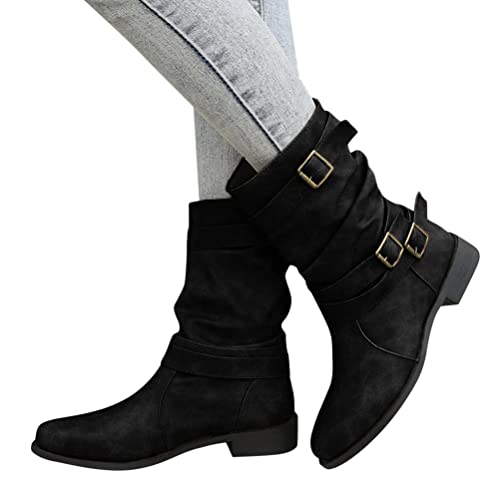 Minetom Damen Retro PU Stiefel Halbhoch Stiefeletten Mit Schnalle Einfarbig Runde Flache Stiefel Kurzstiefel Winterboots Schlupfstiefel Damenschuhe Winterschuhe A Schwarz 39 EU von Minetom