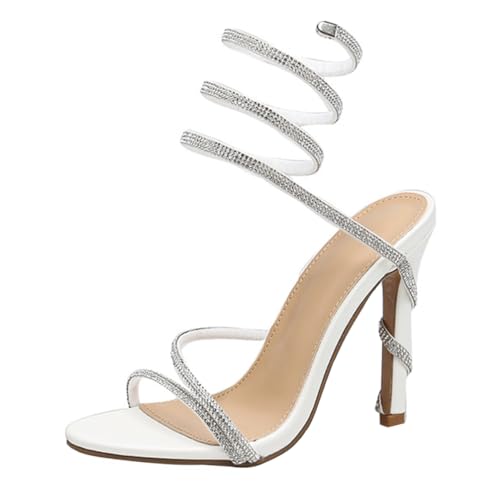 Minetom Damen Riemchensandalen Glänzende High Heels Stiletto Sandaletten Open Toe Glitzer Strass Sandalen Abend Party Braut Schuhe A Weiß 40 EU von Minetom