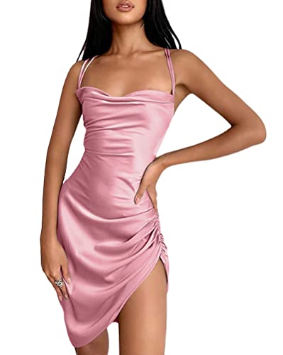 Minetom Damen Riemen Kleid Rüschen Satin Seite Kordelzug Mini Cami Dress Minikleid Bodycon Partykleid Drapiert Ziehbändchen Knoten Kleid Spaghettiträger Sommerkleid A Rosa L von Minetom