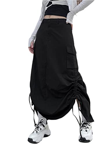 Minetom Damen Rock Cargo Maxirock Y2K Vintage Retro E Girl Röcke Mit Schlitz Freizeitrock Lang Niedrige Taille Skirt Partyrock Harajuku Streetwear A Schwarz XL von Minetom