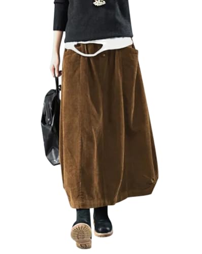 Minetom Damen Rock Herbst Winter Cord Rock Frauen Vintage Midi Lange Röcke Kordsamt Freizeitrock Midirock Elastische Taille A-Linie Skirt Faltenrock mit Taschen A Braun L von Minetom