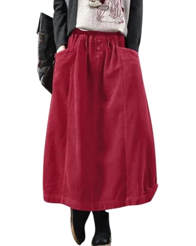 Minetom Damen Rock Herbst Winter Cord Rock Frauen Vintage Midi Lange Röcke Kordsamt Freizeitrock Midirock Elastische Taille A-Linie Skirt Faltenrock mit Taschen A Rot L von Minetom