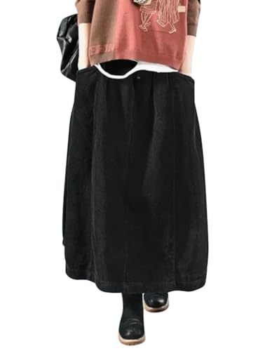 Minetom Damen Rock Herbst Winter Cord Rock Frauen Vintage Midi Lange Röcke Kordsamt Freizeitrock Midirock Elastische Taille A-Linie Skirt Faltenrock mit Taschen A Schwarz 3XL von Minetom