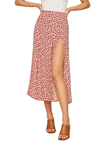 Minetom Damen Rock Hoher Taille Elegant Elastischer A Linie Lang Röcke mit Schlitz Freizeitrock Sommerrock Midirock Boho Blumenrock Skirt Partyrock C Rot L von Minetom