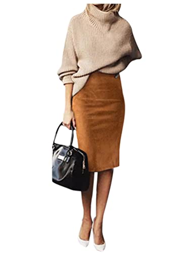 Minetom Damen Knielang Hohe Taille Stretch Bodycon Partyrock Elegant Herbst Winter Wildleder Skirt Bleistiftrock Freizeitrock Midirock 1 Braun XL von Minetom