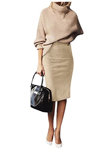 Minetom Damen Knielang Rock Hohe Taille Stretch Bodycon Partyrock Elegant Herbst Winter Wildleder Skirt Bleistiftrock Freizeitrock Midirock Beige L von Minetom