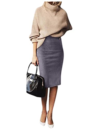 Minetom Damen Rock Knielang Rock Hohe Taille Stretch Bodycon Partyrock Elegant Herbst Winter Wildleder Rock Skirt Bleistiftrock Freizeitrock Midirock Grau L von Minetom