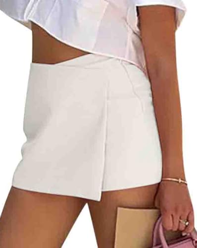Minetom Damen Rock mit Shorts Elegant Röcke mit Innenhose Hoher Taille Einfarbig Kurze Hose Minirock Hosenrock Hochzeit Cocktail Party Skirt A Weiß M von Minetom