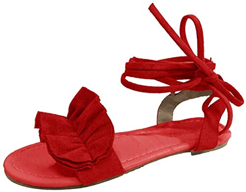 Minetom Damen Römische Sandalen Mode Beiläufige Strand Sommer Flache Schuhe Boho Riemchen Elegant Blume Peep Toe Sandals Rot 41 EU von Minetom