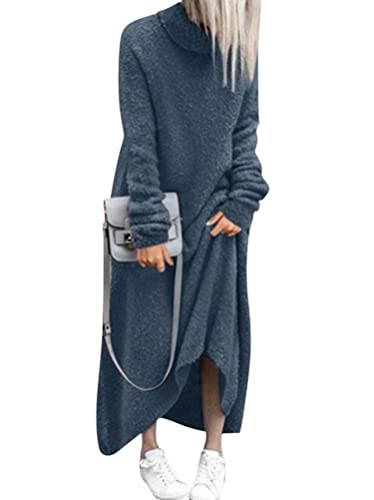 Minetom Damen Rollkragen Langarm Warm Fleece Maxikleid Casual Einfarbig Oversized Plüsch Herbst Winter Pullover Sweatshirt Langes Kleid A Blau XXL von Minetom