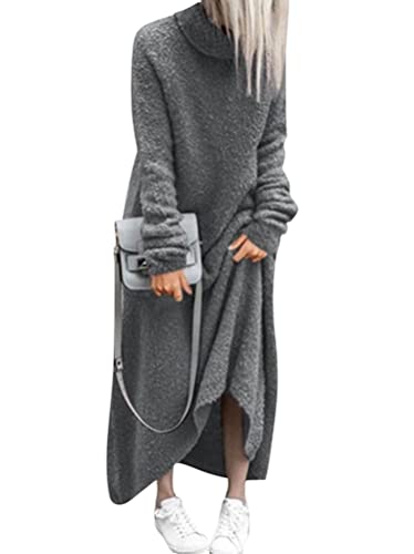 Minetom Damen Rollkragen Langarm Warm Fleece Maxikleid Casual Einfarbig Oversized Plüsch Herbst Winter Pullover Sweatshirt Langes Kleid A Grau XL von Minetom
