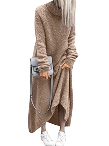 Minetom Damen Rollkragen Langarm Warm Fleece Maxikleid Casual Einfarbig Oversized Plüsch Herbst Winter Pullover Sweatshirt Langes Kleid A Khaki XL von Minetom