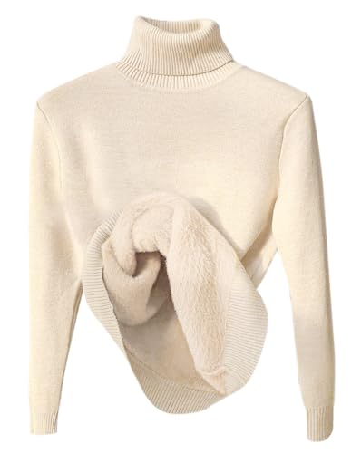 Minetom Damen Rollkragenpullover Herbst Winter Strickpullover Casual Langarm Innenfleece Thermo Oberteil Grobstrick Pulli Weich Warm Basic Pullover Tops A Beige M von Minetom