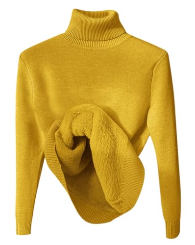 Minetom Damen Rollkragenpullover Herbst Winter Strickpullover Casual Langarm Innenfleece Thermo Oberteil Grobstrick Pulli Weich Warm Basic Pullover Tops A Gelb M von Minetom