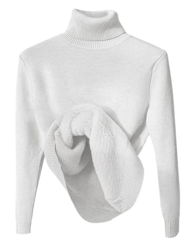 Minetom Damen Rollkragenpullover Herbst Winter Strickpullover Casual Langarm Innenfleece Thermo Oberteil Grobstrick Pulli Weich Warm Basic Pullover Tops A Weiß M von Minetom