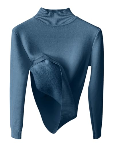 Minetom Damen Rollkragenpullover Herbst Winter Strickpullover Casual Langarm Innenfleece Thermo Oberteil Grobstrick Pulli Weich Warm Basic Pullover Tops B Blau L von Minetom