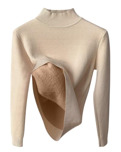 Minetom Damen Rollkragenpullover Herbst Winter Strickpullover Casual Langarm Innenfleece Thermo Oberteil Grobstrick Pulli Weich Warm Basic Pullover Tops B Khaki M von Minetom