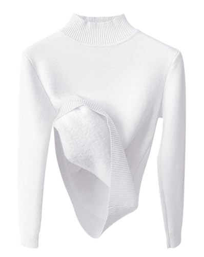 Minetom Damen Rollkragenpullover Herbst Winter Strickpullover Casual Langarm Innenfleece Thermo Oberteil Grobstrick Pulli Weich Warm Basic Pullover Tops B Weiß L von Minetom