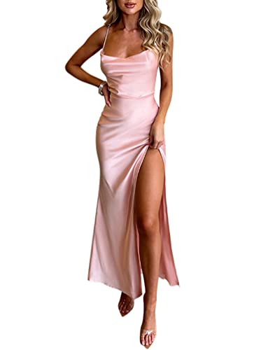 Minetom Damen Rückenfrei Maxikleid Spaghettiträger Partykleid Ärmellos Lange Kleider Figurbetontes Abend Club Kleid mit Schlitz B Rosa S von Minetom