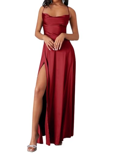 Minetom Damen Rückenfrei Maxikleid Spaghettiträger Partykleid Ärmellos Lange Kleider Figurbetontes Abend Club Kleid mit Schlitz E Rot S von Minetom