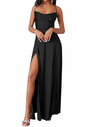 Minetom Damen Rückenfrei Maxikleid Spaghettiträger Partykleid Ärmellos Lange Kleider Figurbetontes Abend Club Kleid mit Schlitz E Schwarz M von Minetom