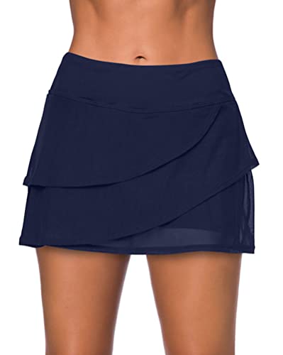 Minetom Damen Rüschen Saum Bademode Kurze Rock Baderock Badebekleidung Bikinihose Sportrock Schwimmrock mit und hoher Taille Strandrock Hosenrock Shorts Y5 Blau 40 von Minetom