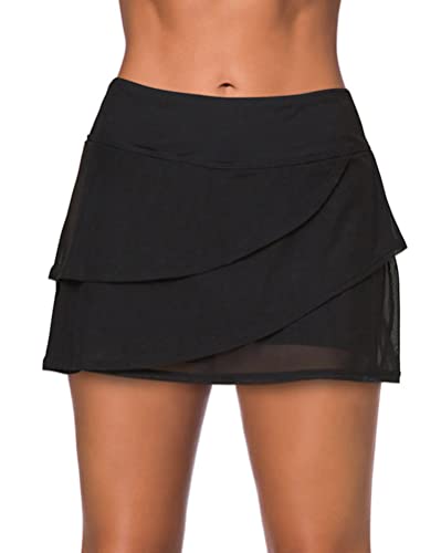 Minetom Damen Rüschen Saum Bademode Kurze Rock Baderock Badebekleidung Bikinihose Sportrock Schwimmrock mit und hoher Taille Strandrock Hosenrock Shorts Y5 Schwarz 40 von Minetom