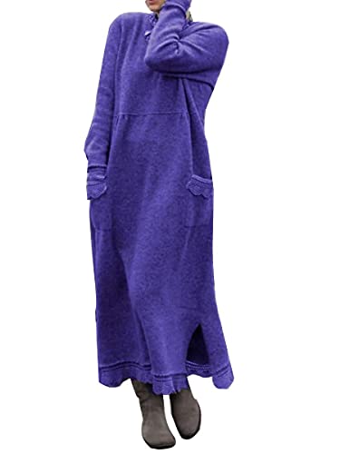 Minetom Damen Rundhals Strickkleid Stricksweat Frauen Stricken Langarm Lose Pulloverkleid Casual Sweatkleid Winterkleid Partykleid Einfarbig Lang Maxi Kleid Große Größe (46, Violett) von Minetom