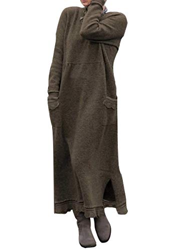 Minetom Damen Rundhals Strickkleid Stricksweat Frauen Stricken Langarm Lose Pulloverkleid Casual Sweatkleid Winterkleid Partykleid Einfarbig Lang Maxi Kleid Große Größe Khaki 42 von Minetom