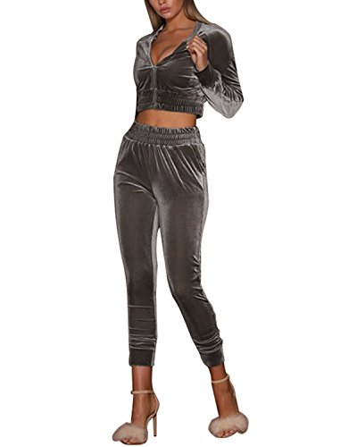 Minetom Damen Samt Sportanzüge Jogginganzug Kapuzenjacke Kapuzenpullover Sexy Reißverschluss Jacke Mantel Beiläufig Velours Hose 2 Stück Grau DE 36 von Minetom