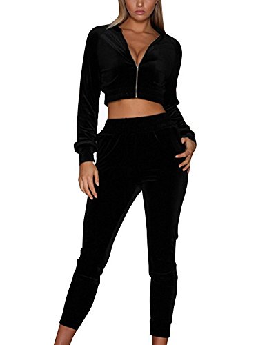 Minetom Damen Samt Sportanzüge Jogginganzug Kapuzenjacke Kapuzenpullover Sexy Reißverschluss Jacke Mantel Beiläufig Velours Hose 2 Stück Schwarz DE 34 von Minetom