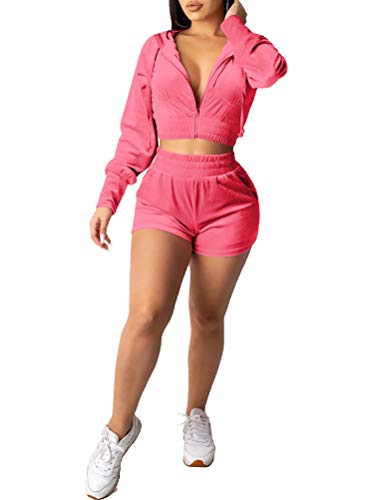 Minetom Damen Samt Sportanzüge Jogginganzug Kapuzenjacke Kapuzenpullover Sexy Reißverschluss Jacke Mantel Velours Kurze Hose Shorts 2 Stück B Rose M von Minetom