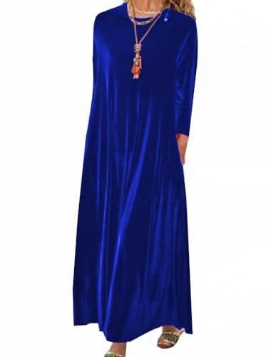 Minetom Damen Samtkleid Langarm Winterkleid Elegant Abendkleid Rundhals Partykleid Cocktailkleid Einfarbig Lose Maxikleider Festlich Kleid A Blau XL von Minetom