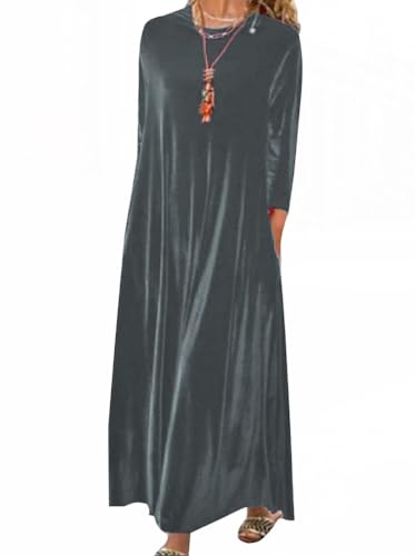 Minetom Damen Samtkleid Langarm Winterkleid Elegant Abendkleid Rundhals Partykleid Cocktailkleid Einfarbig Lose Maxikleider Festlich Kleid A Grau M von Minetom