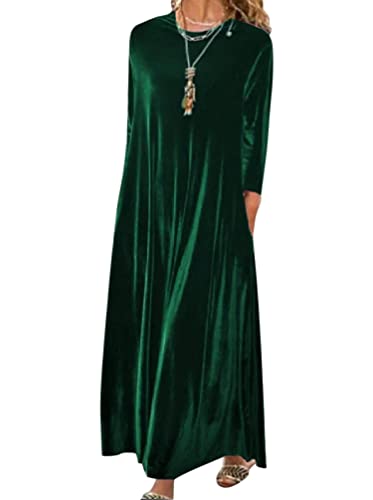 Minetom Damen Samtkleid Langarm Winterkleid Elegant Abendkleid Rundhals Partykleid Cocktailkleid Einfarbig Lose Maxikleider Kleid A Grün L von Minetom