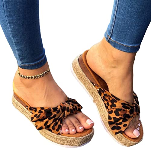 Minetom Damen Sandalen Bowknot Sandalen Webschuhe Bowknot Platform Sandalen Offener Zeh Plateau Pantoletten Sommerschuhe Sommerschuhe Sommerpantoffeln B Leopard 36 EU von Minetom