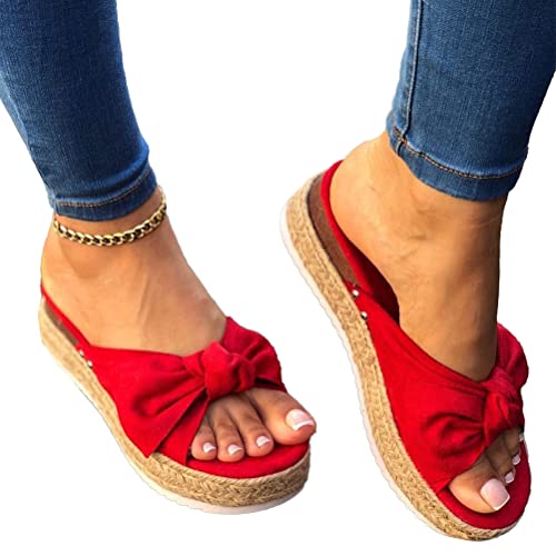 Minetom Damen Sandalen Bowknot Sandalen Webschuhe Bowknot Platform Sandalen Offener Zeh Plateau Pantoletten Sommerschuhe Sommerschuhe Sommerpantoffeln B Rot 39 EU von Minetom